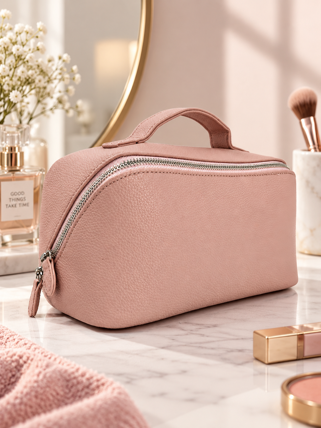 Pink pebble-textured toiletry pouch with top handle and silver-tone zipper closure.